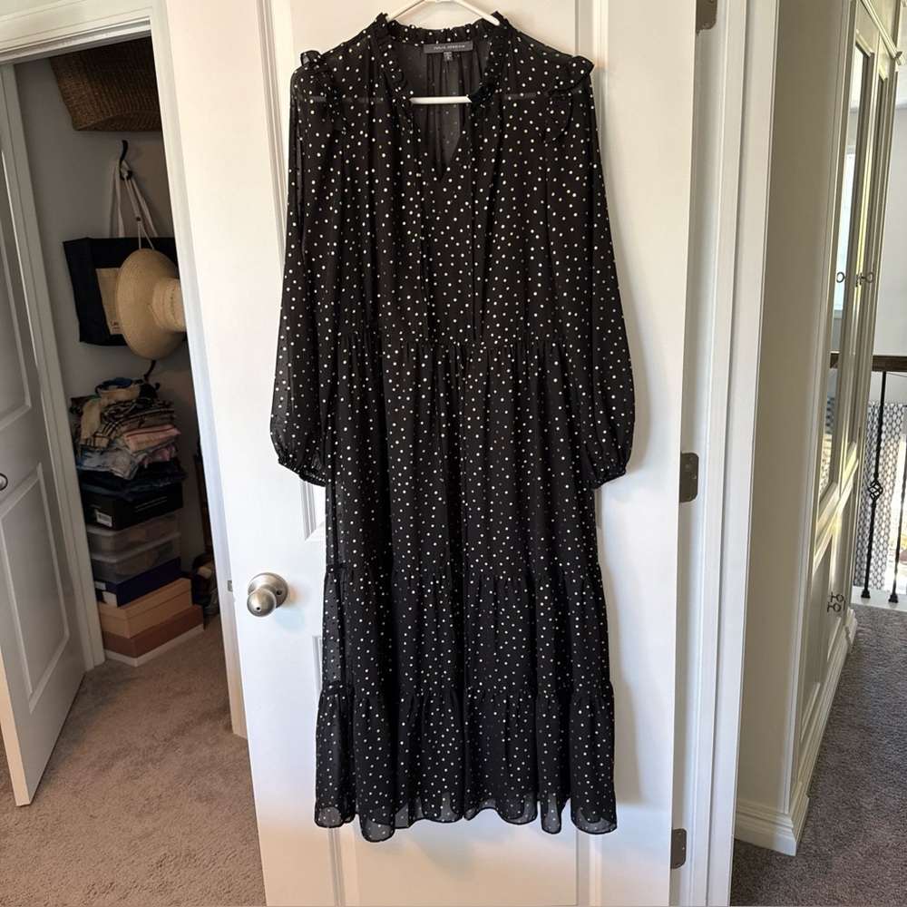 Julia Jordan Sheer Midi Black Dress/Gold Dots Slip Under Dress Waist Tie Size 8